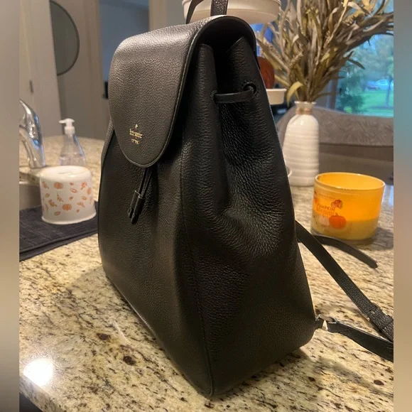 Kate Spade Leila Large- Black Pebbled Leather Drawstring Backpack Leila Medium Flap Backpack | Kate Spade Outlet main image 3